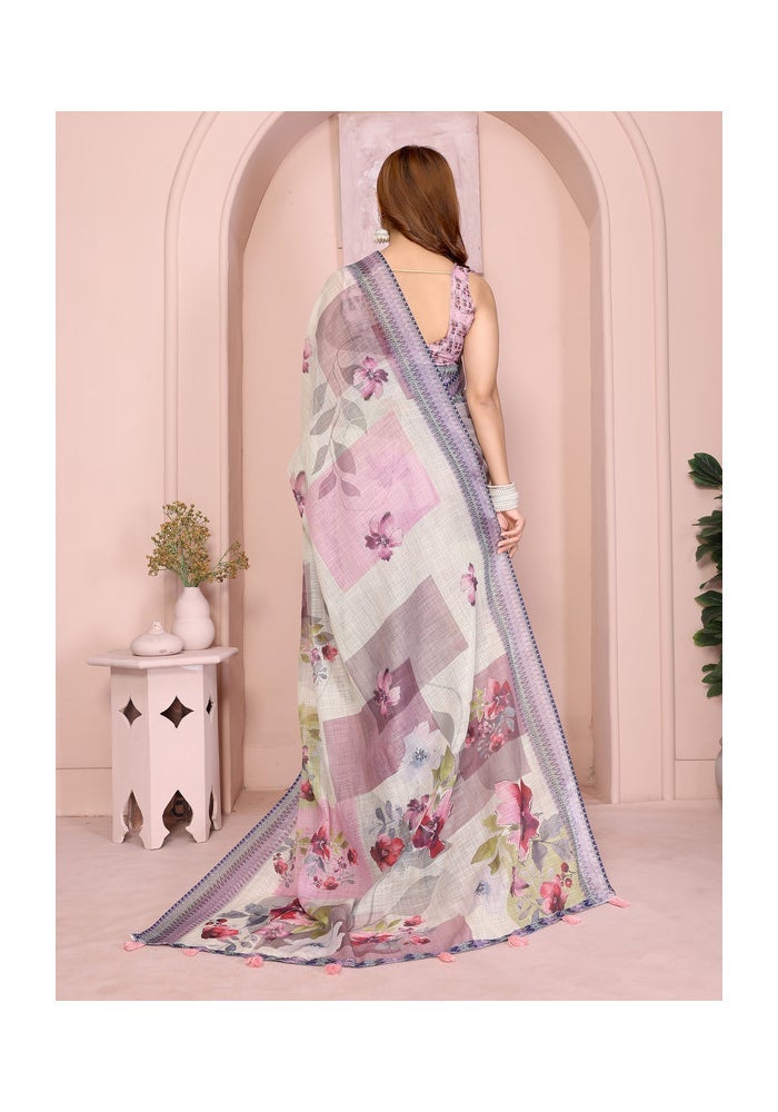 Malishka Export Linen Cotton Digital Print Saree in Lavender - Image 2